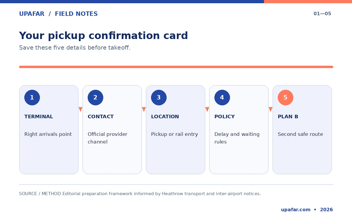Pickup confirmation checklist with terminal, provider contact, pickup location, delay policy, and backup route.