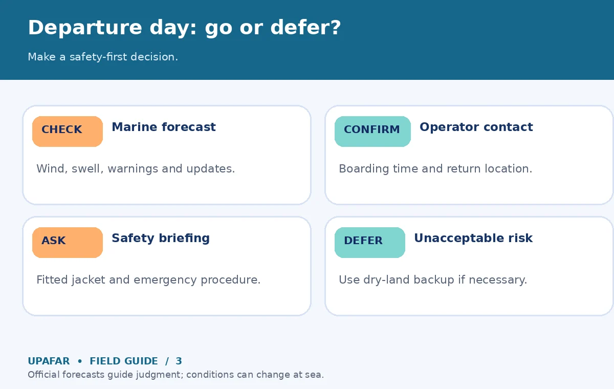Original decision diagram for boat tour: Departure day: go or defer?; Make a safety-first decision.