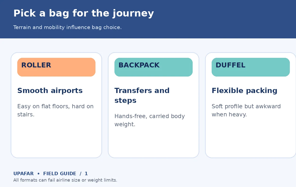 Original decision diagram for carry on luggage: Pick a bag for the journey; Terrain and mobility influence bag choice.