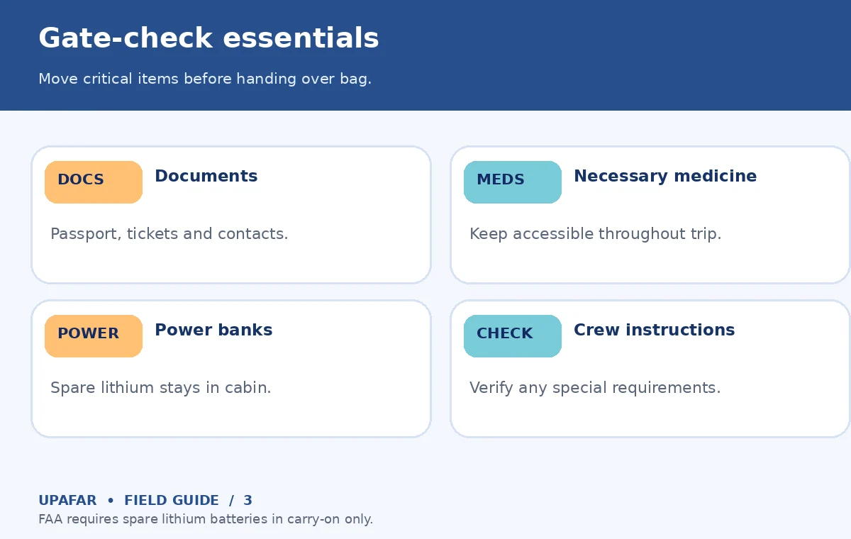 Original carry on size limits decision diagram: Gate-check essentials; Move critical items before handing over bag.