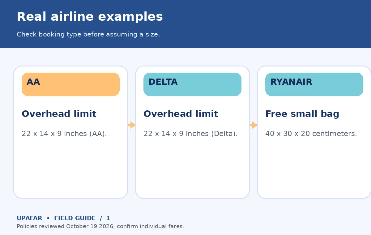 Original carry on size limits decision diagram: Real airline examples; Check booking type before assuming a size.