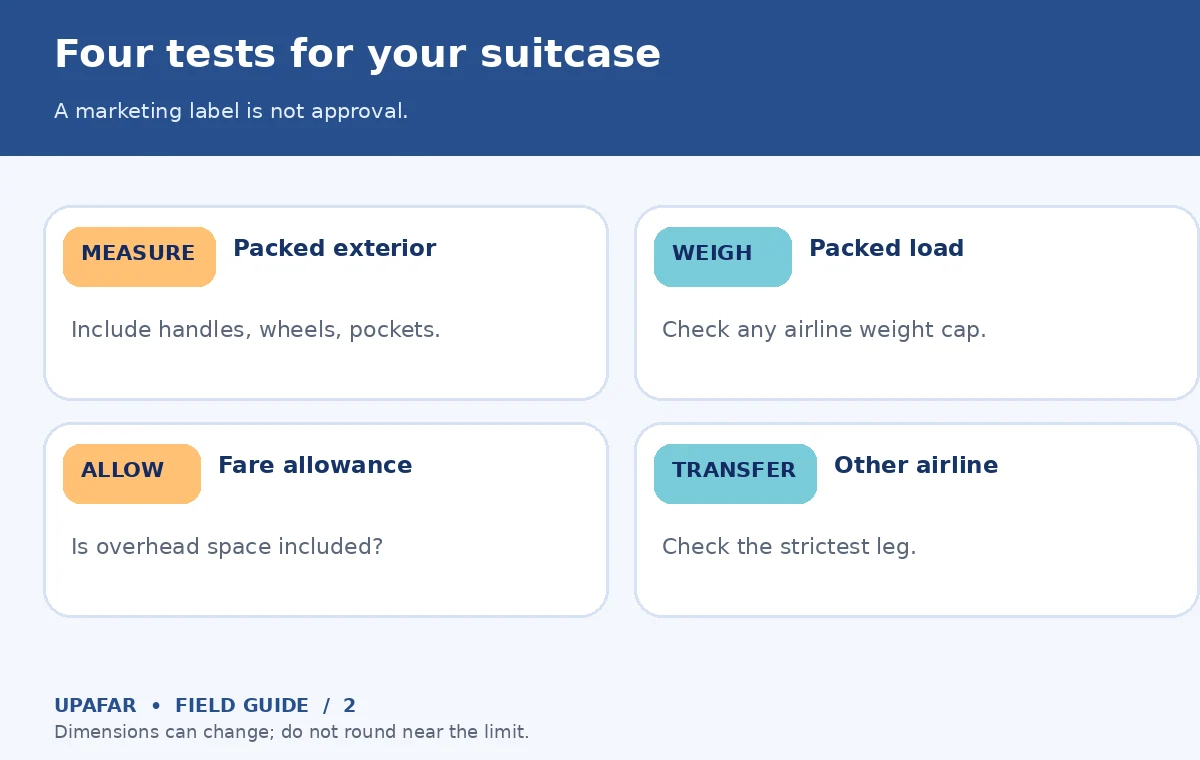 Original carry on size limits decision diagram: Four tests for your suitcase; A marketing label is not approval.