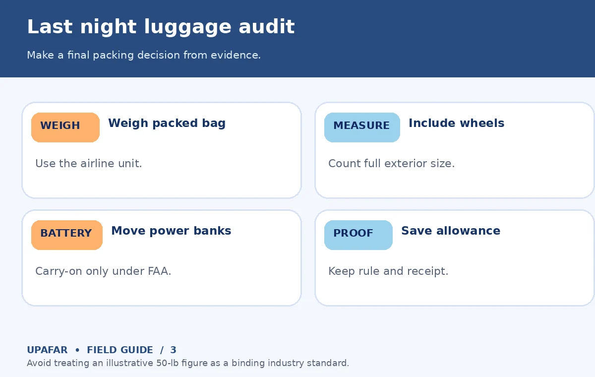 Original UpAfar decision guide showing Last night luggage audit: Make a final packing decision from evidence.