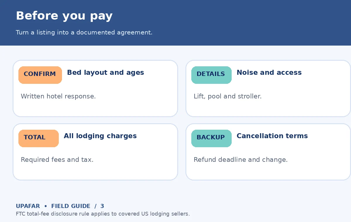 Original UpAfar decision guide showing Before you pay: Turn a listing into a documented agreement.