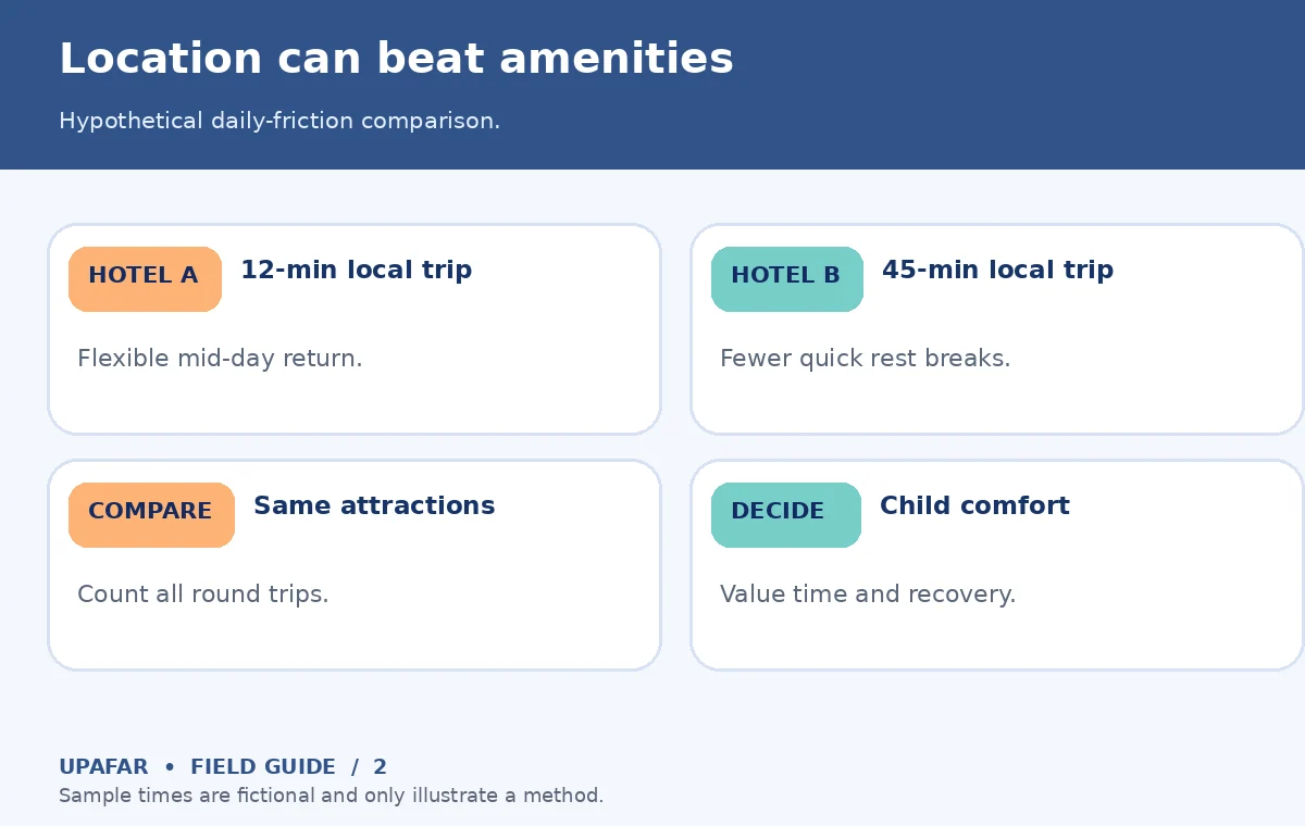 Original UpAfar decision guide showing Location can beat amenities: Hypothetical daily-friction comparison.