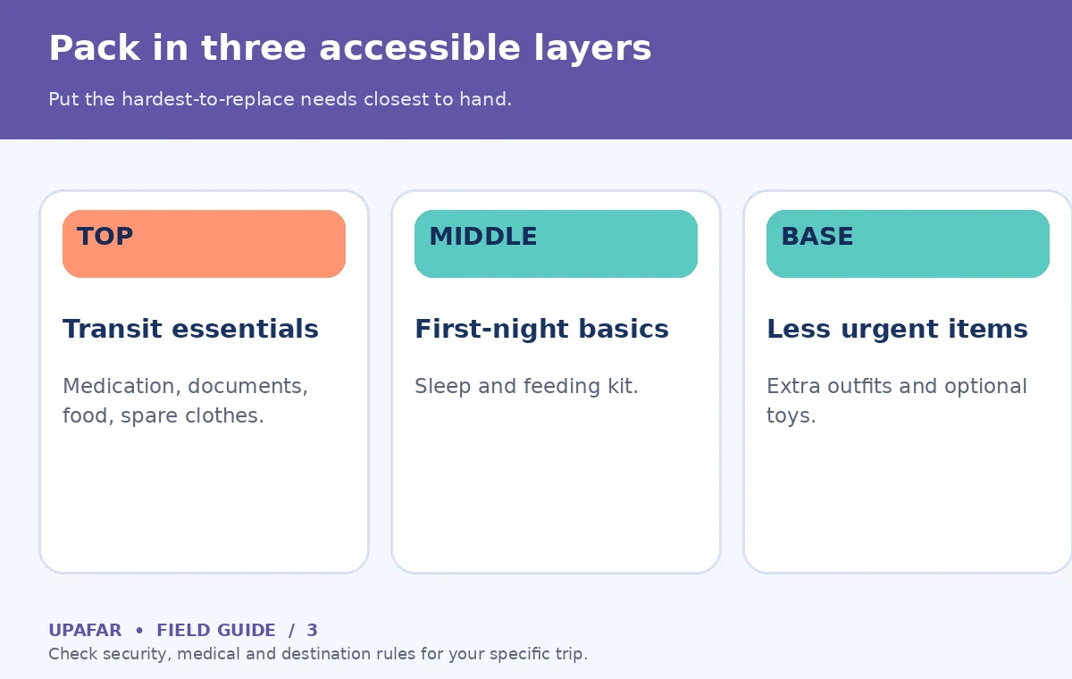 Original traveler checklist for family travel: Pack in three accessible layers; Put the hardest-to-replace needs closest to hand.