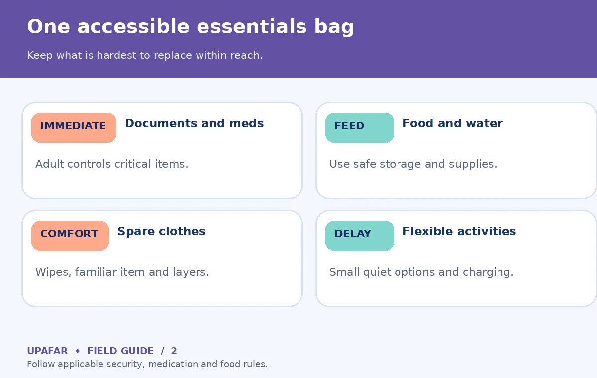 Original decision diagram for family travel tips: One accessible essentials bag; Keep what is hardest to replace within reach.