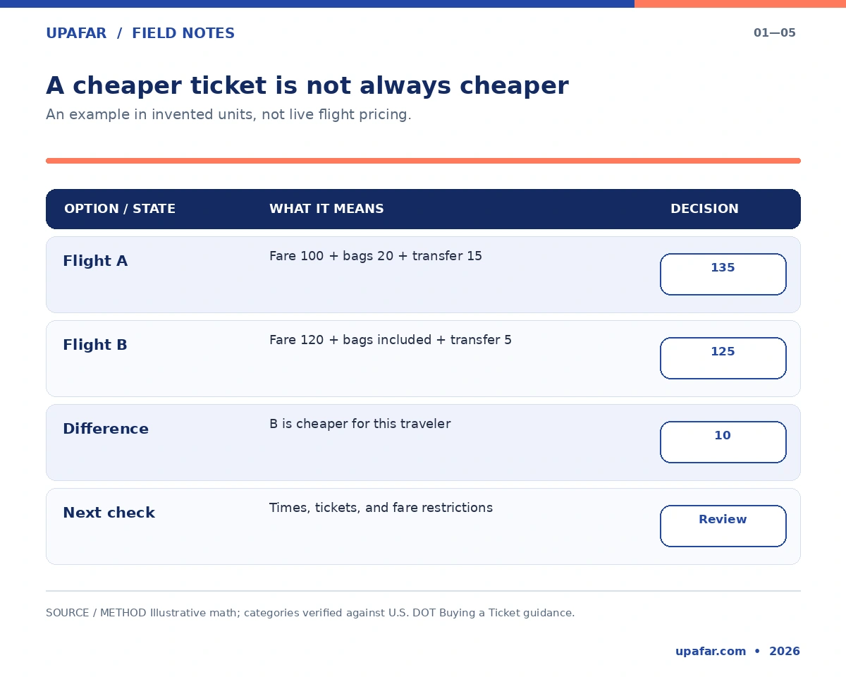 Illustrative airfare comparison showing flight A totaling 135 units versus flight B totaling 125 after extras.