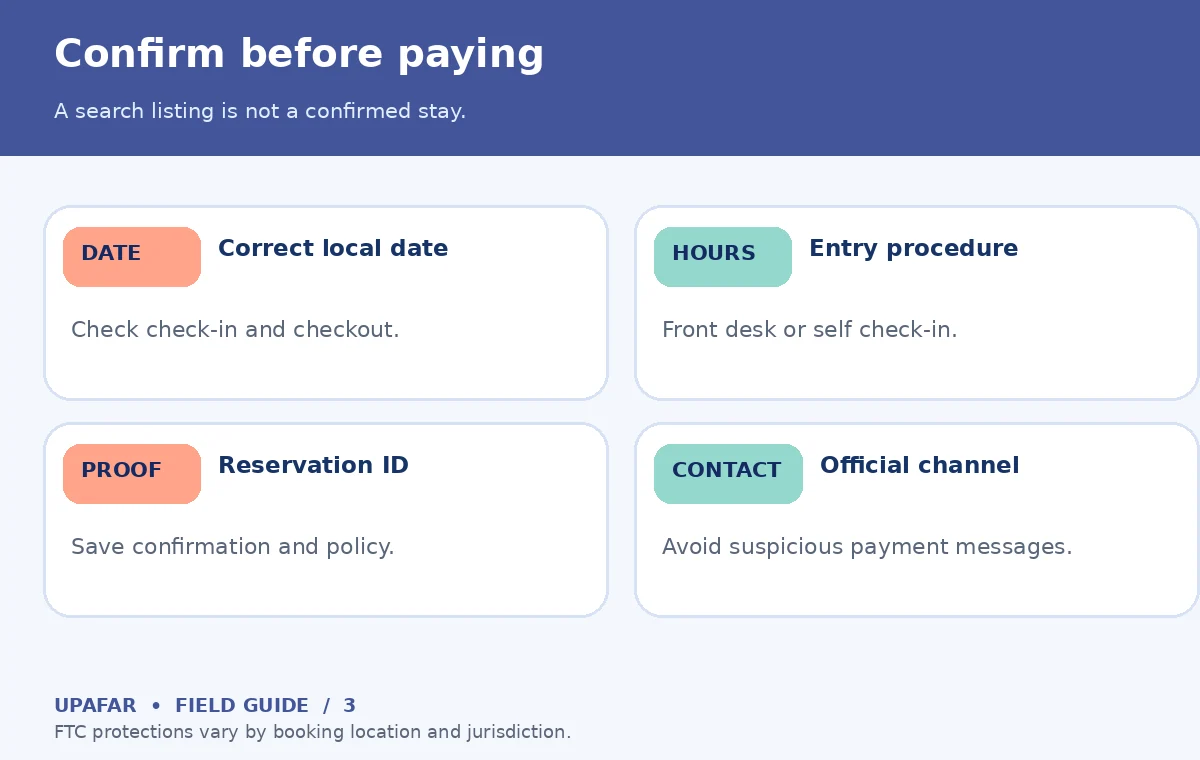Original last minute hotels decision diagram: Confirm before paying; A search listing is not a confirmed stay.