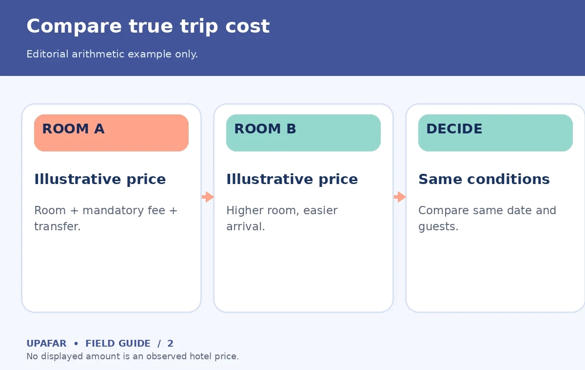 Original last minute hotels decision diagram: Compare true trip cost; Editorial arithmetic example only.