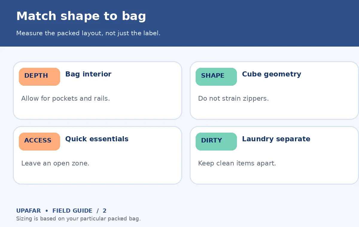 Original UpAfar explanatory graphic showing Match shape to bag: Measure the packed layout, not just the label.