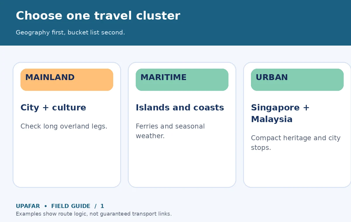 Original UpAfar decision guide showing Choose one travel cluster: Geography first, bucket list second.