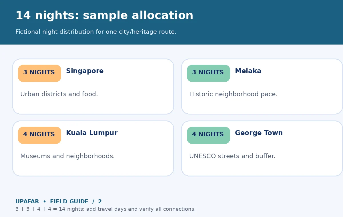 Original UpAfar decision guide showing 14 nights: sample allocation: Fictional night distribution for one city/heritage route.