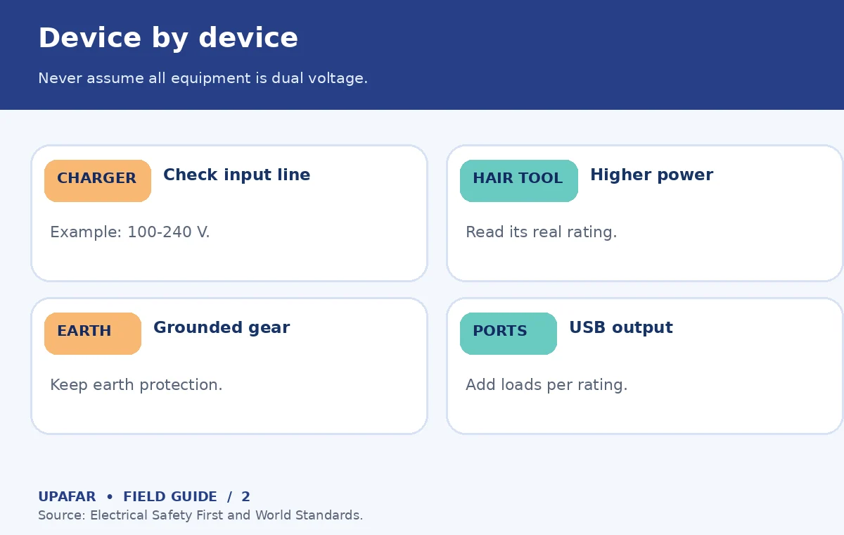 Original UpAfar explanatory graphic showing Device by device: Never assume all equipment is dual voltage.