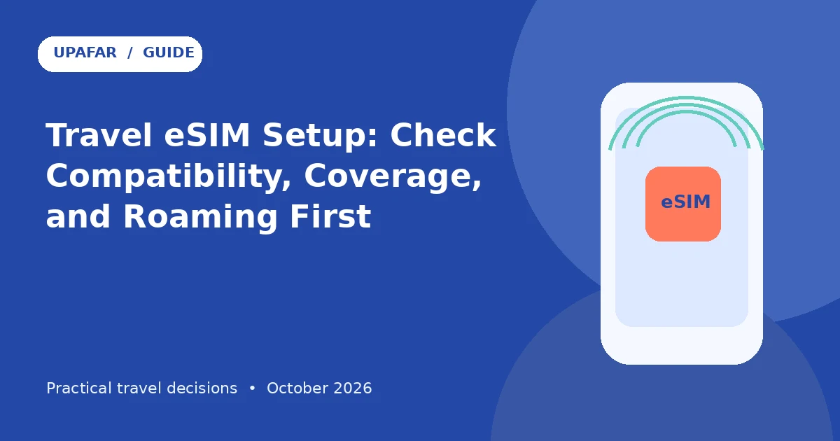 UpAfar travel field guide cover: Travel eSIM Setup: Check Compatibility, Coverage, and Roaming First, with an original conceptual illustration.