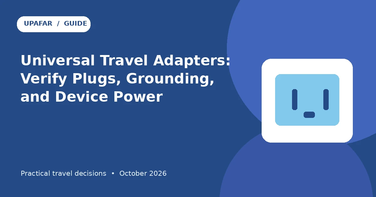 Original UpAfar travel guide artwork illustrating Universal Travel Adapters: Verify Plugs, Grounding, and Device Power